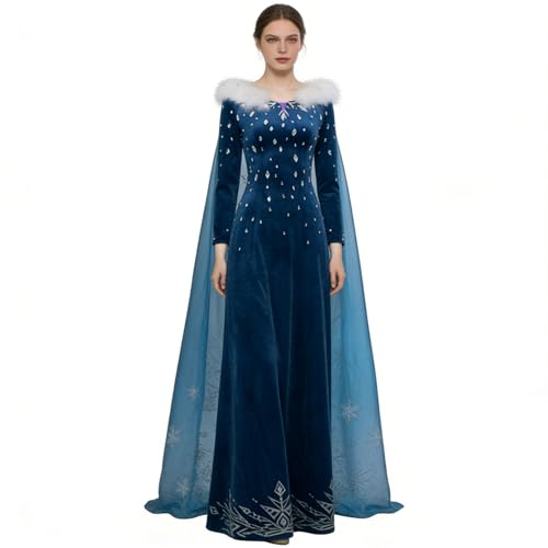 YOSICIL Femme Cosplay Robe Elsa Avec Cape Déguisement La Reine Des Neiges Tenue Chaude Halloween Jeu De Rôle, Bleu, S