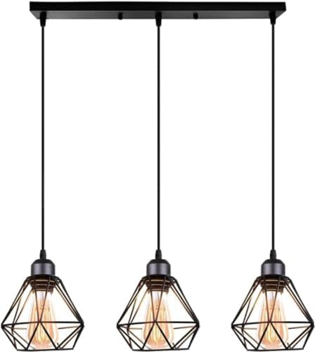 Lustre Industriel Vintage 3 Lumières - Suspension Noire en Fer Fo...