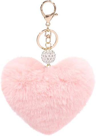 Women's Heart Faux Fur Pom Pom Key Chains Bag Accessory Puffball Keyring Backpack Charms for Girls(light pink)