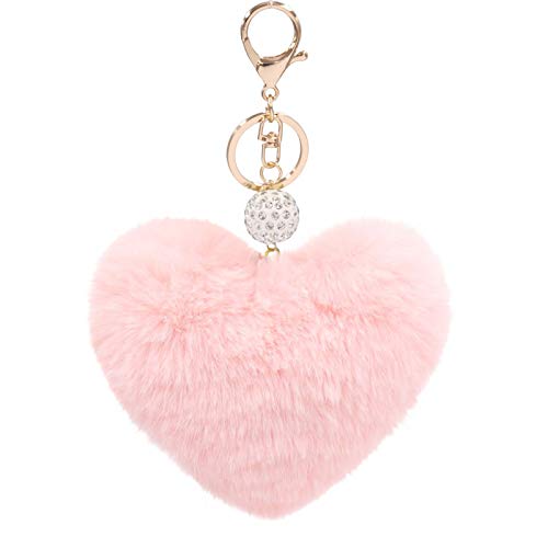 Women's Heart Faux Fur Pom Pom Key Chains Bag Accessory Puffball Keyring Backpack Charms for Girls(light pink)