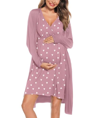 Image of SWOMOG Women Maternity Nursing Gown and Robe Set 3 in 1 Labor Delivery Nursing Nightgown for Breastfeeding Hospital Bathrobe