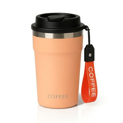 Image of Travel Coffee Tumbler with Lanyard - Insulated Stainless Steel Mug, Leak-Proof, Keeps Hot 6H & Cold 8H - Peach, 400 ML