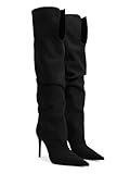 Coutgo Womens Slouchy Knee High Boots High Heel Pointed Toe Sexy Stiletto Pull on Tall Boots Winter Shoes, Black, Size 8.5