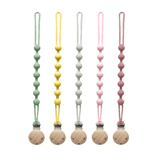 Image of Silicone Pacifier Clip for Baby Boys Girls Paci Binky Holder 5 Pack | food grade silicone, one piece design, soothe binky holder, teething relief, baby shower, birthday, christmas, baby registry