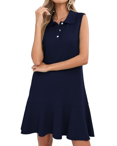 Image of YEXPINE Women's Sleeveless Polo Dress Ruffle Hem Lapel V Neck T-Shirt Summer Mini Dresses