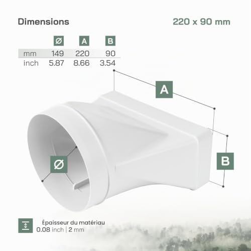 Vent Systems 220x90 mm sur le connecteur de tuyau rectangulaire Ø150 mm pour la connexion du tube rond. Système de ventilation, chauffage, refroidissement - Ne convient pas aux appareils AC. – vue 2
