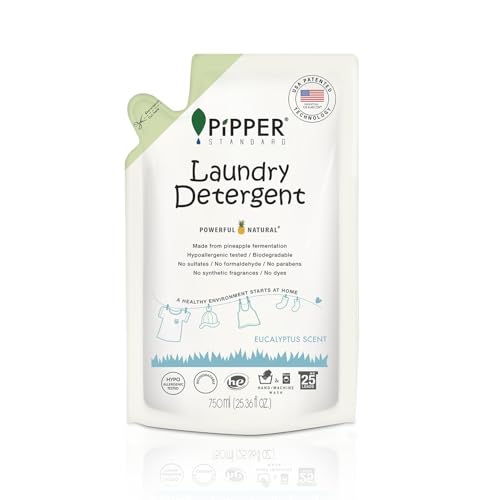 PIPPER STANDARD Natural Laundry Detergent Refill Pouch Eucalyptus, 750ML | Hypoallergenic, Tough Stain & Odor Removal, Safe for Babies & Family, Bio-degradable, Gentle on Hands & Fabrics