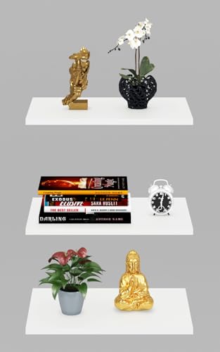 Image of Captiver Wooden Wall Mount Display Shelf Rack | 3 Tier Floating Wall Shelf | Multipurpose Wooden Storage & Decor Shelves for Living Room, Bedroom, Bathroom, Kitchen & Office | White | 12 x 30 cm