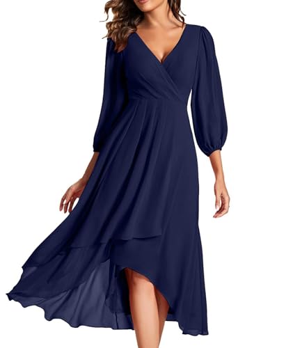 ECDAHICC Women's Casual Chiffon Dress V-Neck High Waisted A-Line Midi Dress 3/4 Sleeve Swing Summer Dress