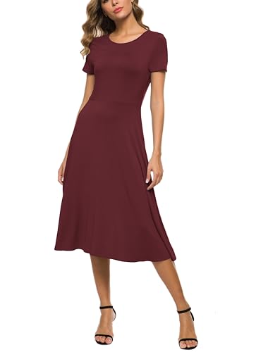Image of EXCHIC Women's Casual Round Neck Short Sleeve Midi Dress Solid Stretchy Waist Knee Long Dress