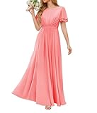 Robe de demoiselle d'honneur en mousseline de soie pour femme   Robe plissée   Robe de cocktail longue   Grande taille, corail, 50 Grande taille