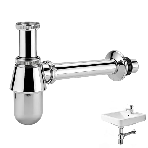 EXLECO Siphon G1 1/4 x Ø 32mm Flaschensiphon Chrom Syphon Verstellbar Universal Tassensiphon mit Reinigungsöffnung Röhrengeruchsverschluss für Bad Waschbecken Abfluss Waschtisch mit Uberlaufloch
