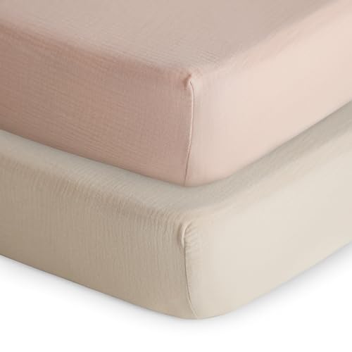 Image of mushie Extra Soft Muslin Fitted Crib Sheet 2-Pack | 192 Thread Count | 28"x 52" (Blush/Fog)
