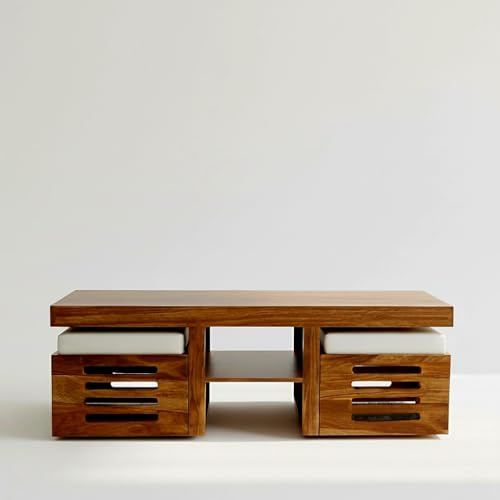 Image of Solid Sheesham Wood Coffee Table for Living Room |Wooden Rectangle Coffee /Tea Table with 2 Cushioned Stools Center table with Storage Teapoye for Home, Living Room, Balcony, Natural Honey