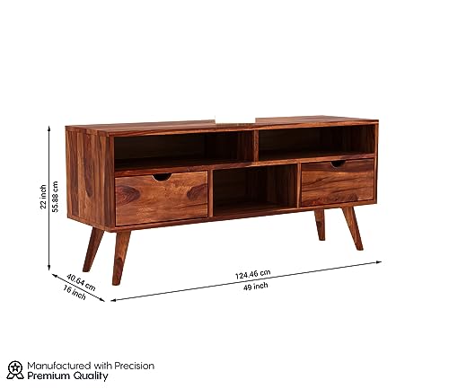 Image of Sheesham Wood TV Unit with 2 Drawers and 3-Shelf Storage - Perfect for Living Room - Fits up to 50-Inch TV (Medora, Honey Finish)
