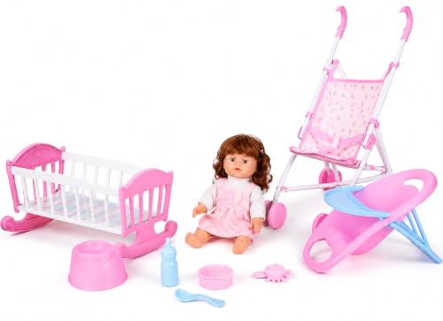 Image of Baby Doll Care Set for Girls with Doll Stroller, Rocking Cradle, Feeding Chair, Baby Bottle, Potty & Accessories | Pretend Play Toy Set for Kids Age 3+