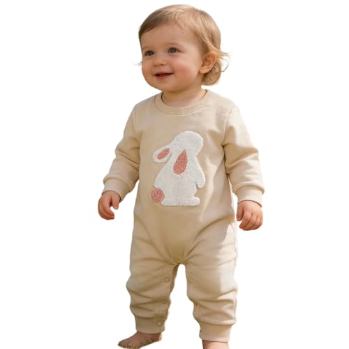 Générique Barboteuse d'hiver à imprimé lapin pour bébé fille, combinaison douce et chaude avec bretelles à boutons-pression, idéale pour les sorties en extérieur de 0 à 18 mois (Beige, 6-12 Months)