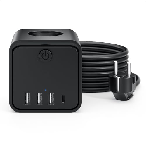 Cube Multiprise USB 3 Prises avec 3 Ports USB USB-C Chargeur de Rapide 16A Bloc Multiprises avec Interrupteur Cable 2m pour Cuisine Bureau Tablette Rallonge Électrique Multiprise