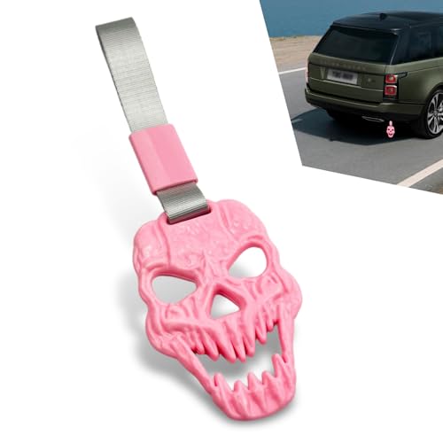 Qurbuns Car Handle Strap, Skull Shaped Design Rear Bumper Warning Ring Decor, Hand Strap Drift Charm Accessories Modified, Universal for Car Interior Exterior Decoration (Pink)