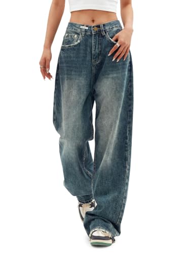 EMMIOL Jeans for Women Wide Leg Baggy Jeans High Waist Y2K Casual Loose Boyfriends Trousers Vintage Streetwear Dark Blue, S