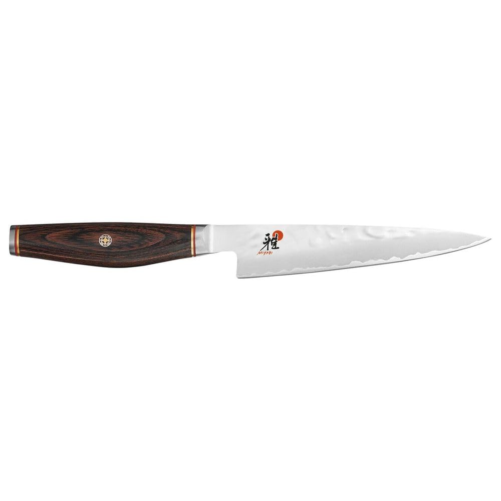 Miyabi 6000MCT Shotoh 13cm. MicroCarbide MC63 powder steel Japanese blade. 3 layers. Hardness 63 Rockwell. Ice-hardened. Rust resistant. Pakka wood handle. Made in Seki, Japan.