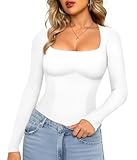 LODAY Tummy Control Shapewear Tank Top Square Neck Long Sleeve Top Slimming Body Shaper Compression Tanks for Women (White, Large)