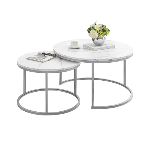 Ginhow Couchtisch Marmor Optik | Satztische fürs Wohnzimmer | ø 80 + 60 Groß Tisch Rund | MDF Coffee Table | Weiß Marmoroptik und Silber Stahl Gestell