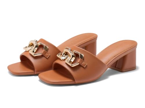 Image of Coutgo Womens Raffia Slide Sandals Chunky Block Heeled Square Open Toe Metal Chain Slip on Mules Dressy Shoes