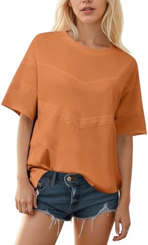 Women Oversized Tee Top Lace Contrast Short Sleeve Crew Neck Summer Tops Patchwork Cotton T-Shirt Streetwear