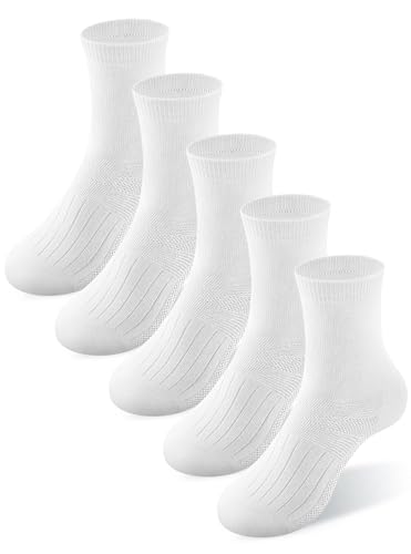BliBliTaTa Boys Girls Kids Socks Crew Socks Youth Unisex Soft Cotton Seamless Toe Breathable Durable Anti-slip Sole 5 Pack for 2-4, 4-6,6-8,8-10,10-12,12-14 Years Old White Size Medium
