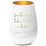 Familie ist wo Leben beginnt und Liebe Niemals endet Windlicht Glas Geschenk Einzug Teelicht Deko Kerzenglas mit Gravur (Weiß)