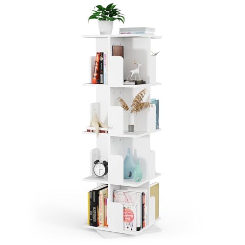 HaodaCulture Libreria Giratoria, Estanteria Blanca, 4 Niveles, Estanteria Giratoria 360° de Piso, Estanteria Almecenaje para Oficina, Salón, 40x40x130cm