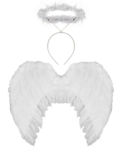 Ladies Angel Accessory Set - Large White Feathered Wings + F
