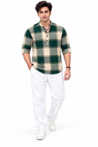 Buy DEELMO Men's Pure Cotton Short Kurta (Green, Regular Fit) - Image 7