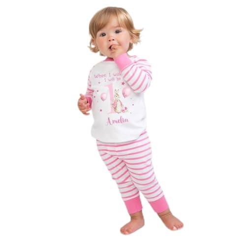 Hoolaroo Personalised Baby Toddler Pyjamas - When I Wake Up I'll Be 1 2 3 4 Birthday PJs - Pink Bunny For Girls, 6 Months - 4 Years (UK, Age, 6 Months, 12 Months)