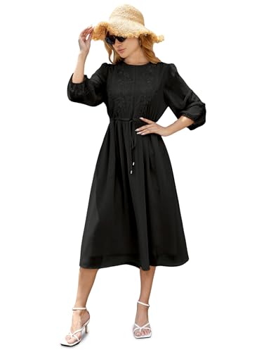 Image of Women's Casual 3 /4 Sleeve Fall Floral-Embroidered Long Dress Crew Neck Flowy Swing Dress with Pockets