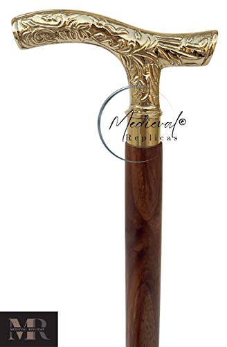 Medieval Replicas Walking Stick - Men Derby Canes And Wooden Walking Stick For Men And Women - 37" Brown Ebony Brass T Shape Handle In Golden Tone Natural Wood Unisex Cane Ectoria #TOP5