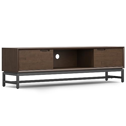 SIMPLIHOME Banting TV Stand - 72 inch Wide Solid Wood Low Media Console in Walnut Brown, Modern Industrial Entertainment Center for Living Room for TVs up to 80 Inches with Open Shelf and Metal Base