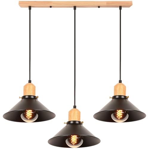 iDEGU - Lampadario a sospensione in legno e metallo industriale retrò con 3 luci, lampadario vintage per illuminazione del soffitto nero per sala da pranzo, soggiorno, camera da letto, caffè, cucina
