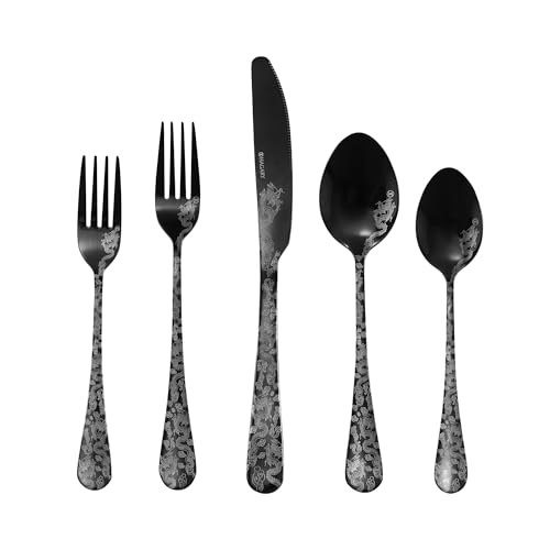 Hagary Dragon 20 Piece Stainless Steel Flatware Set for 4 Utensils for Home Kitchen Wedding Laser Engraved Dishwasher Safe Black