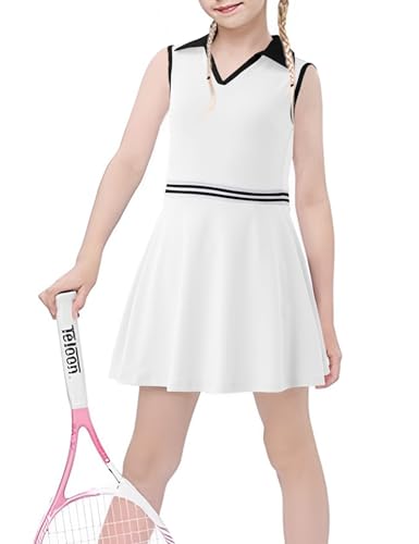 Image of Girls Tennis Dress Golf Outfit Sleeveless Athletic Dresses Polo V Neck Sport Skirt with Pockets 4-13Y