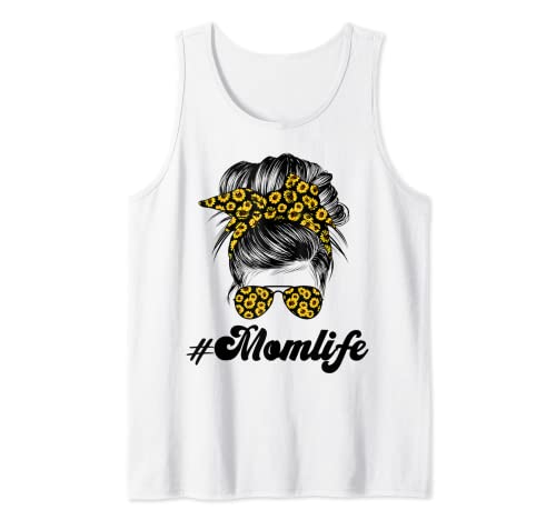 Mom Life Bleached Gift Mom Life Sunflower Messy Bun Camiseta sin Mangas