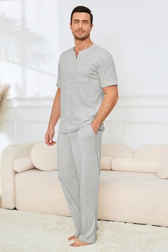 Image of JiniGolla Mens Pajamas Set Soft Short Sleeve Top and Pant Loungewear Sets 2 Piece Pjs with Pockets