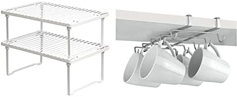 Amazon Basics Stackable Kitchen Storage Shelves & Metaltex Shelf Mug Holder, Polytherm Coated, Silver, SpiderMug