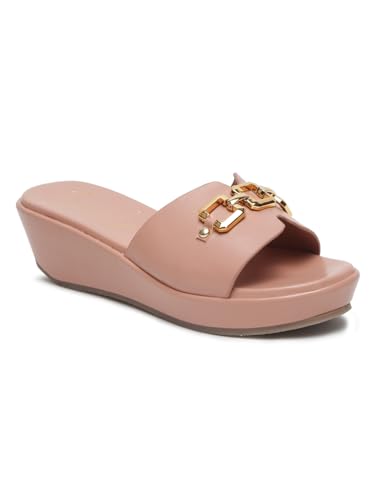 Image of Bruno Manetti Women's Slipon Back Open with Upper Golden Buckle Round Toe Comfort Platform Wedges