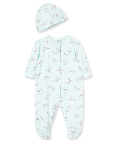 Image of Little Me Clothes for Baby Girls 100% Cotton Scratch-Free Tag Footed One-Piece Romper and Hat Sleeper Set