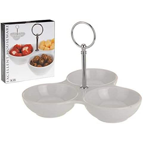 OrionMart Snack & Dip Bowls Ceramic Appetizer Dish with Handle | White Kitchen Table Snack Bowls with 3 Sections for Snacks Condiments Dips Sweets and Many More Cover