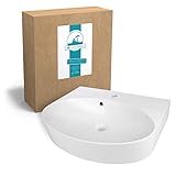 Calmwaters® Ovales Waschbecken aus Mineralguss, zum Hängen oder Aufsetzen, Waschtisch mit Hahnloch und Überlauf, Pflegeleichte und Keimarme Oberfläche, 60 cm breit, in Weiß, 05BC2353
