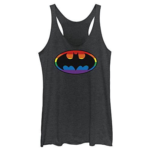 Warner Bros. Regata feminina com logotipo do Batman Rainbow Bat Fast Fashion Racerback, Preto mescla