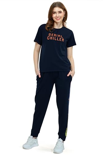 Image of ZEYO - Women's Cotton Typography Side Striped Night Suit Set of Top & Joggers Pajama Set